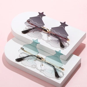 Creative rimless Christmas tree sunglasses with gold metal frame for holiday party