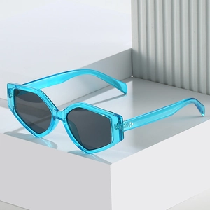 Fashionable triangular sunglasses with blue transparent frames and dark grey lenses