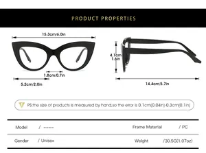Detailed size chart for cat eye glasses frames showing PC material and dimensions
