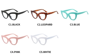Detailed collection of cat eye glasses frames in black leopard blue pink and white