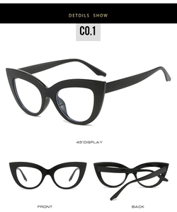Three-angle detail view of black cat-eye glasses frames in polished finish