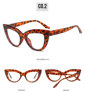 Three-angle view of leopard print cat eye glasses frames showing front and side views
