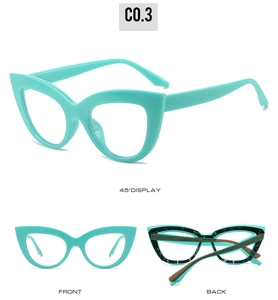 Three-angle views of retro cat-eye glasses frames in vibrant tiffany blue finish