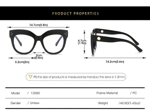 Size chart for oval cat-eye glasses frame with precise dimensions and PC material specs