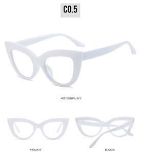 White cat-eye glasses frame shown from front, back and 45-degree angle views