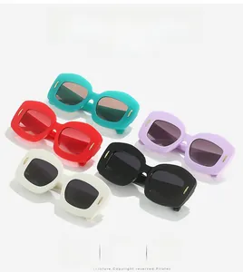 Detail of colorful oval sunglasses featuring retro thick frames and gold metal accents