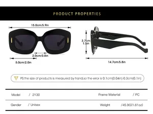 Detailed size chart for oval sunglasses showing lens width and frame dimensions