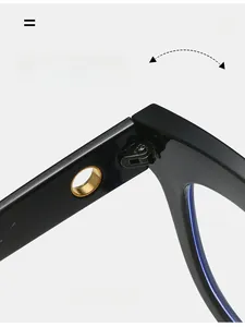 Macro detail of durable metal hinge on black cat eye frames with gold circular accent