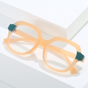 Chic TR90 large frame anti-blue light glasses with beige frame and teal square accents
