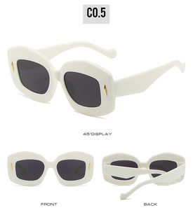 Macro view of oval sunglasses with creamy frame, grey lenses and gold pin detail