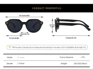 Tableau des tailles pour lunettes de soleil rondes montrant dimensions et matériau PC