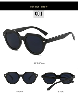 Vues détaillées multi-angles de lunettes de soleil polygonales noires avec rivets