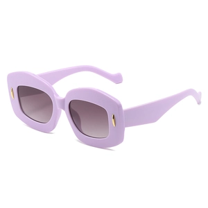 Oval purple sunglasses with gray gradient lenses and golden metal pin accents