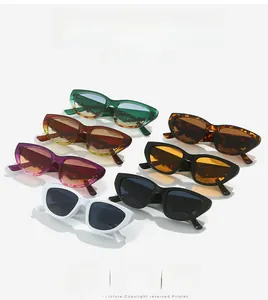 Detailed flat lay showing seven assorted retro cat-eye sunglasses in various trendy colors