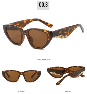 Detailed views of tortoiseshell cat eye sunglasses with golden wavy temple accents