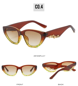 Three-angle view of vintage cat eye sunglasses with golden scroll metal hardware