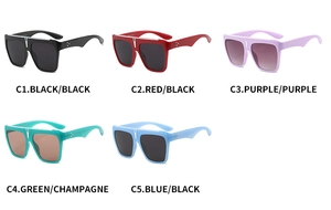 Flat top square sunglasses displayed in five colors with triple dot rivet details