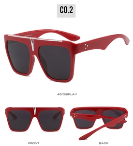 Multi-angle view of oversized red square sunglasses with top silver metal bar detail