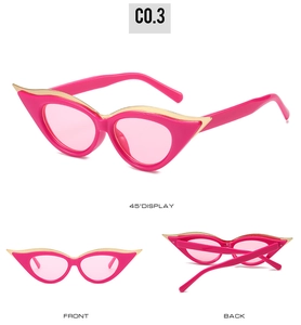 Vues détaillées de lunettes de soleil œil-de-chat rose rouge avec garniture en métal doré