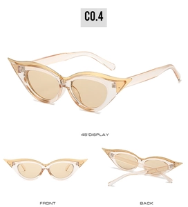 Détail de lunettes chat avec monture champagne, décor doré et trois angles de vue