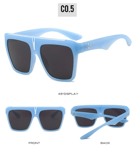 Three-view detail of light blue square flat top sunglasses with silver rivet accents