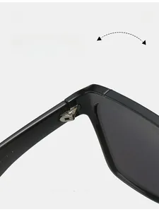 Detail of durable metal hinge on black flat top sunglasses with size specifications