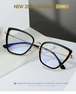Detail view of TR90 glasses frame on white geometric steps with blue light coating