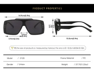 Size chart showing dimensions for large frame unisex rectangular rivet sunglasses