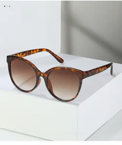 Detailed close-up of tortoise shell cat-eye sunglasses on a white geometric block