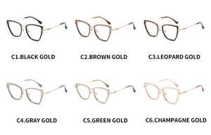 Detail display of six trendy cat-eye TR90 frames in multiple color variations