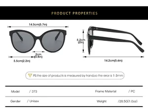 Detailed size chart for unisex PC sunglasses featuring frame width and lens measurements
