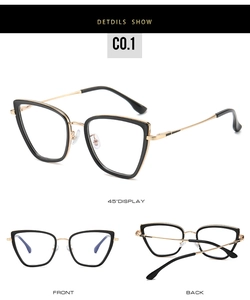 Detailed multi-angle views of TR90 cat-eye frames with golden metal bridge and nose pads