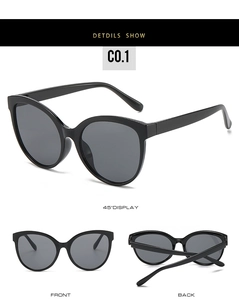 Three-angle view of black cat-eye sunglasses showing front, side, and folded frame details