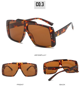 Three-view layout of tortoiseshell rectangle sunglasses with metal rivets and brown lenses