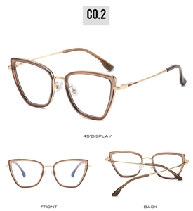 Three-angle view of cat-eye TR90 frames in amber brown and gold with silicone pads