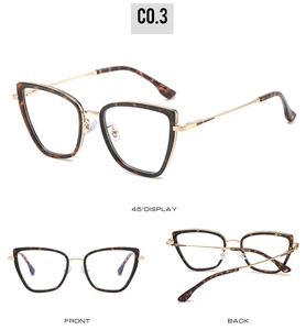 Three-view display of cat-eye TR90 frames with tortoiseshell pattern and metal temples