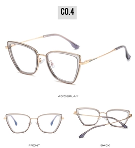 Three perspectives of cat-eye TR90 frames with translucent grey finish and metal temples