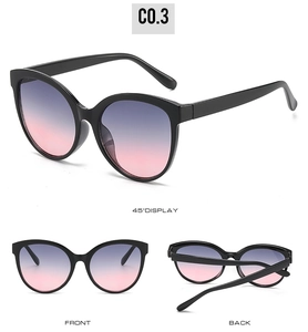 Three-angle view of black cat-eye sunglasses with purple and pink gradient lenses