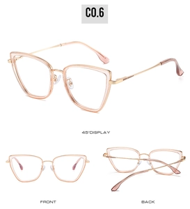 Three-angle view of lightweight cat-eye TR90 frames with rose gold metal temples