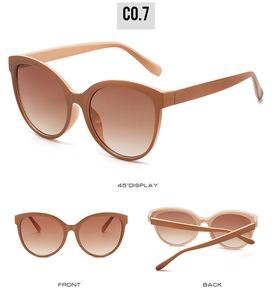 Three-view display of cat-eye sunglasses in matte light brown with gradient lenses