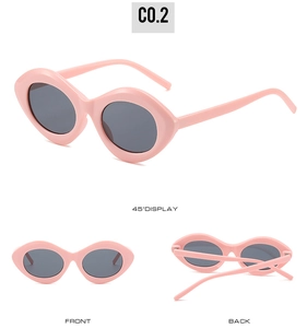 Trois vues de lunettes de soleil œil-de-chat roses avec angles à 45 degrés, avant et arrière