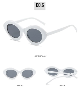 Vues détaillées de lunettes de soleil œil-de-chat blanches ovales sous trois angles