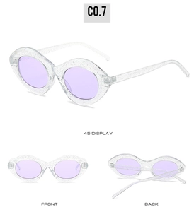 Vues détaillées de lunettes œil de chat pailletées avec verres violets et angles multiples