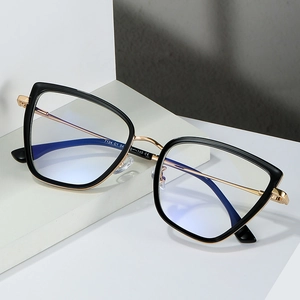 Fashionable TR90 cat-eye eyewear with black and gold frame and blue light blocking lenses