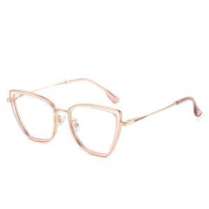 Cat eye TR90 eyewear with rose gold metal temples and clear pink frame on white background