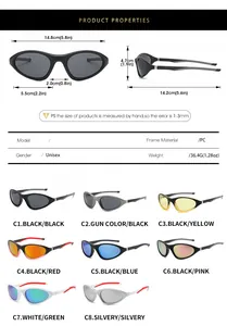 Detailed size chart for unisex sports sunglasses featuring PC frame dimensions and specs