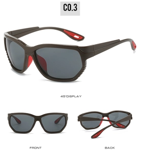 Trois vues de lunettes de soleil de sport avec monture marron mat et détails rouges