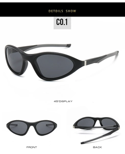 Three views of sports sunglasses with matte black frames and dark gray lenses
