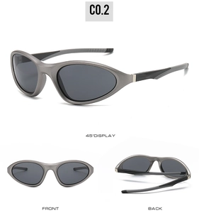 Multi-angle view of silver sports sunglasses with dark lenses and retro frames
