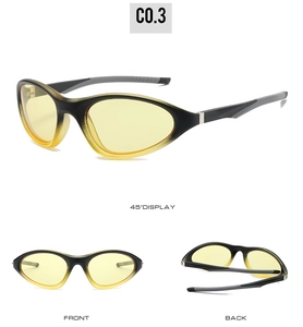 Detailed views of sporty square sunglasses with yellow lenses and black-yellow frames